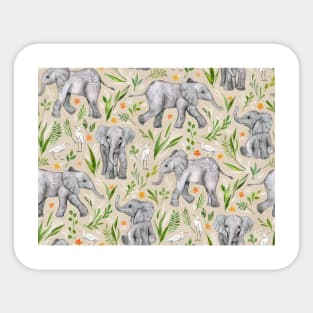 Baby Elephants and Egrets in Watercolor - neutral cream Sticker